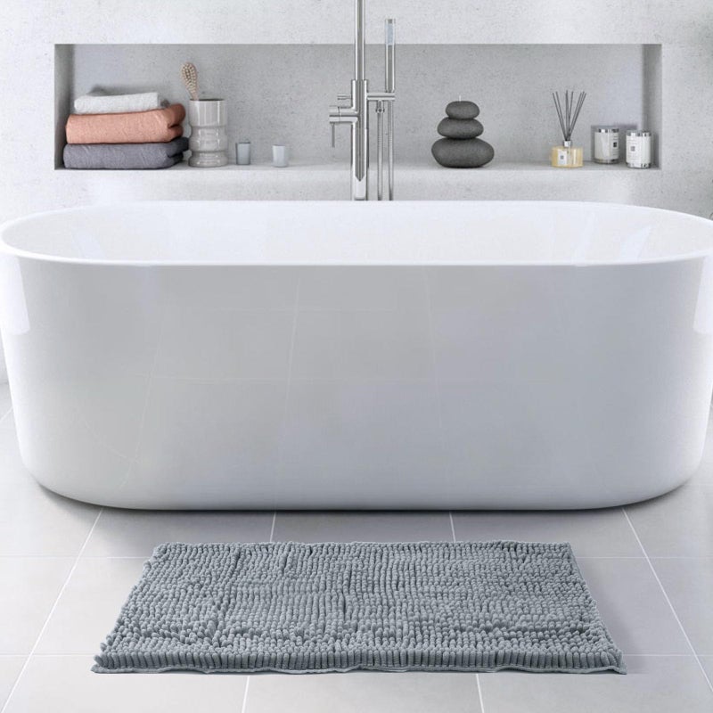 FRESHMINT Chenille Bathroom Rugs Non-Slip Bath Mat 32"x20", Washable Soft Shower Mat, for Bathroom Floor & Tub Fluffy Shag Bath Rugs, Durable Thick Water Absorbent Microfiber Shower Rugs, Sky Gray - Image 2